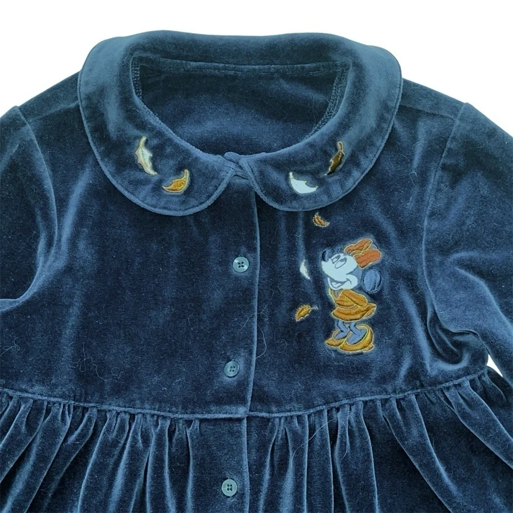 Disney Store Vintage Minnie Mouse Velvet Dress 6 / 6X Dark Blue Embroidered